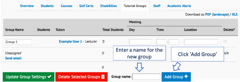 A screenshot of the Tutorial groups tab on a demo module with instructions on creating a new group